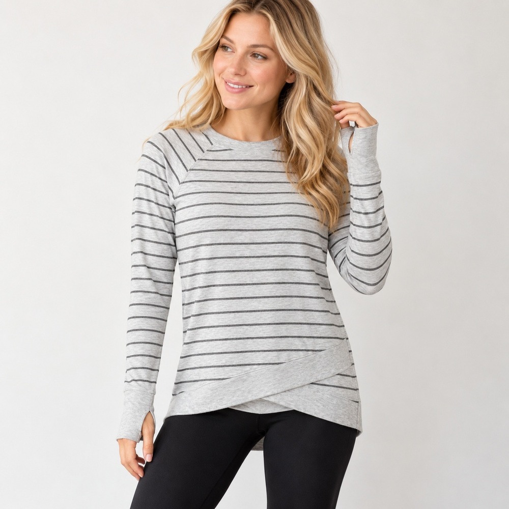 Danskin Women's XS Gray Stripe Criss Cross Tunic Pullover Thumbholes